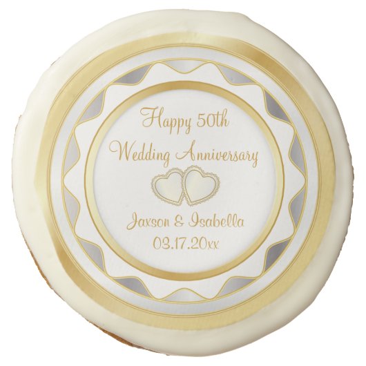 50th Gold and White Wedding Anniversary Sugar Cookie (Front)