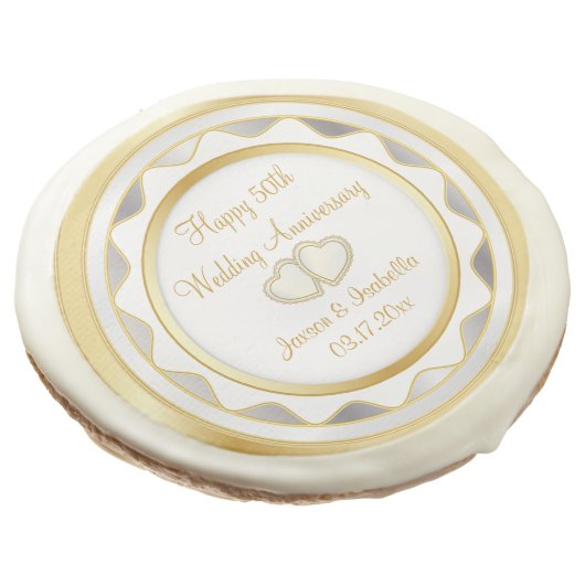 50th Gold and White Wedding Anniversary Sugar Cookie (Angled)