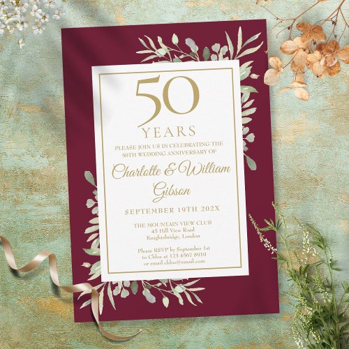 50th Gold Anniversary Burgundy Greenery Leaves Invitation