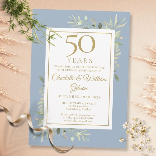 50th Gold Anniversary Dusty Blue Greenery Leaves Invitation
