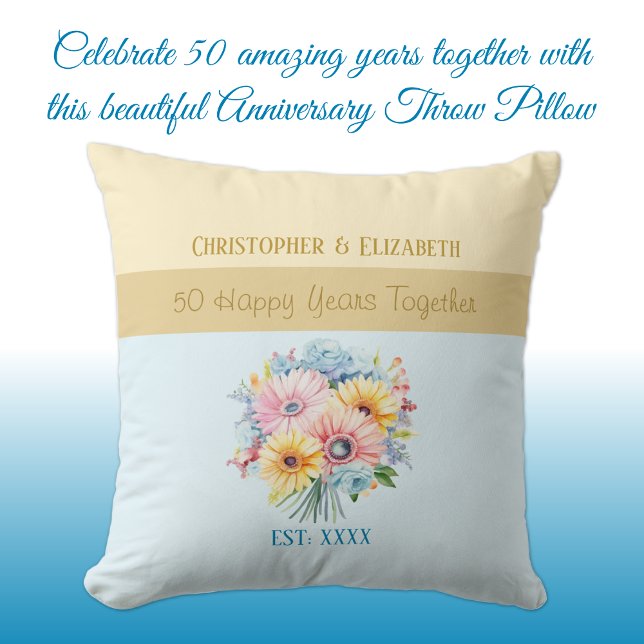 50th gold anniversary flowers blue throw pillow (Creator Uploaded)