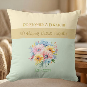 50th gold anniversary flowers green throw pillow