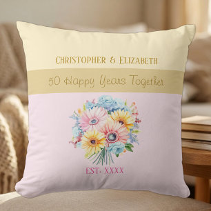 50th gold anniversary flowers pink throw pillow