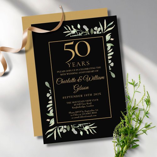 50th Gold Anniversary Greenery Leaves Watercolour Invitation