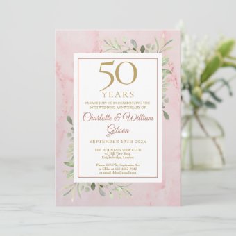 50th Gold Anniversary Rose Gold Greenery Leaves Invitation | Zazzle