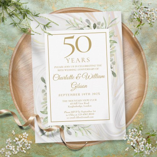 50th Gold Anniversary Rose Gold Marble Greenery Invitation