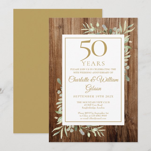 50th Gold Anniversary Rustic Wood Greenery Leaves Invitation (Front/Back)