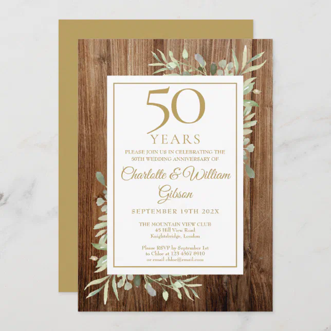 50th Gold Anniversary Rustic Wood Greenery Leaves Invitation | Zazzle