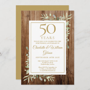 50th Gold Anniversary Rustic Wood Greenery Leaves Invitation