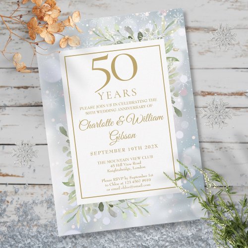 50th Gold Anniversary Snowflakes Greenery Leaves Invitation