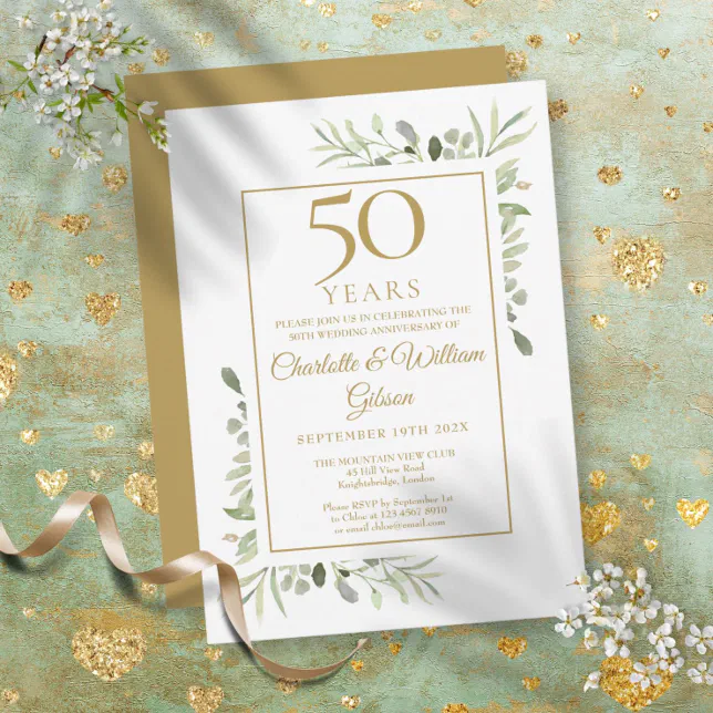 50th Gold Anniversary Watercolour Greenery Leaves Invitation | Zazzle