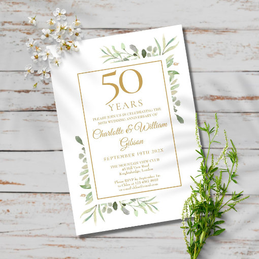 50th Gold Anniversary Watercolour Greenery Leaves Invitation | Zazzle