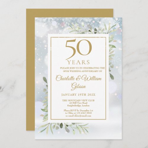 50th Gold Anniversary Winter Snowflakes Greenery Invitation