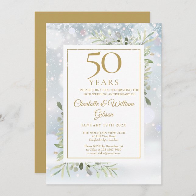 50th Gold Anniversary Winter Snowflakes Greenery Invitation (Front/Back)