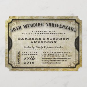 50th Gold Antique Ticket Anniversary Invitation