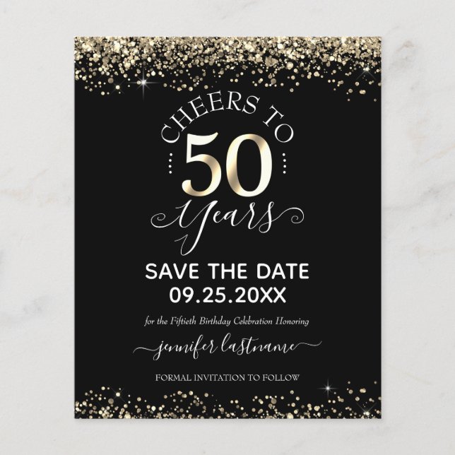 50th Gold Birthday Save the Date Budget Invitation (Front)
