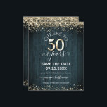 50th Gold Birthday Save the Date Budget Invitation<br><div class="desc">Elegant Faux gold glitter with shimmering confetti highlights on the top and bottom border. All text is adjustable and easy to change for your own party needs. Great elegant 50th birthday template design. Faux wood blue textured background makes a perfect gender neutral party invitation.</div>