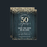 50th Gold Birthday Save the Date Budget Invitation<br><div class="desc">Elegant Faux gold glitter with shimmering confetti highlights on the top and bottom border. All text is adjustable and easy to change for your own party needs. Great elegant 50th birthday template design. Faux wood blue textured background makes a perfect gender neutral party invitation.</div>