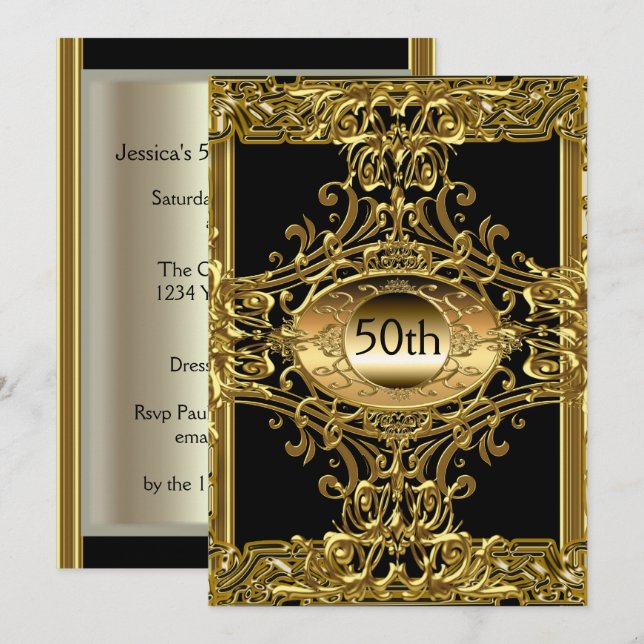 50th Gold Black Birthday Party invitation (Front/Back)