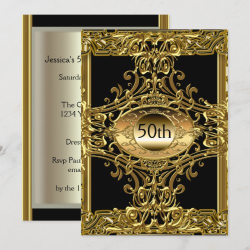 Best 50th Gold Black Birthday Party Personalized Invites