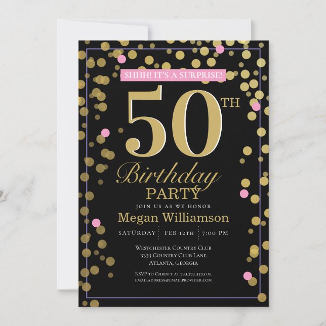 50th Gold Black Pink Confetti Surprise Birthday Invitation (Front)
