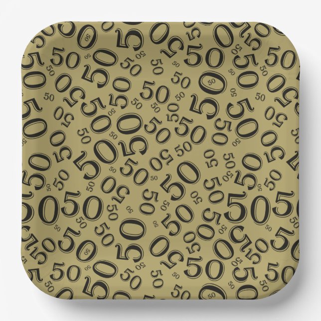 50th Gold/Black  Random Number Pattern Paper Plates (Front)