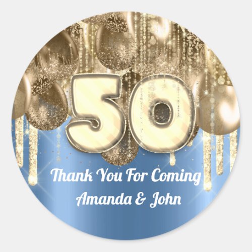 50th GOLD Blue BALLONS Thank you for coming Classic Round Sticker