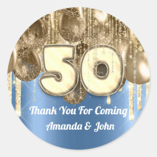 50th GOLD Blue BALLONS Thank you for coming Classic Round Sticker
