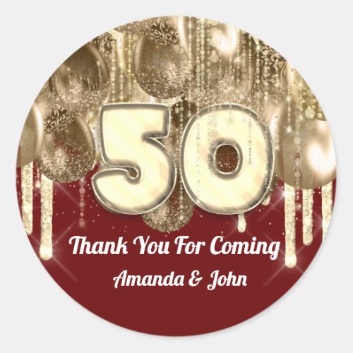 50th GOLD Burgundy BALLONS Thank you for coming Classic Round Sticker