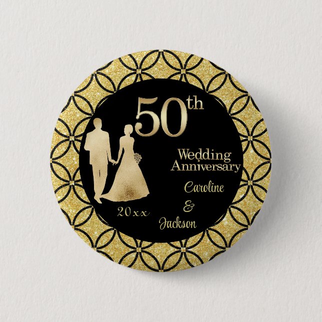 50th Gold Couple Wedding Anniversary Glitter Button (Front)