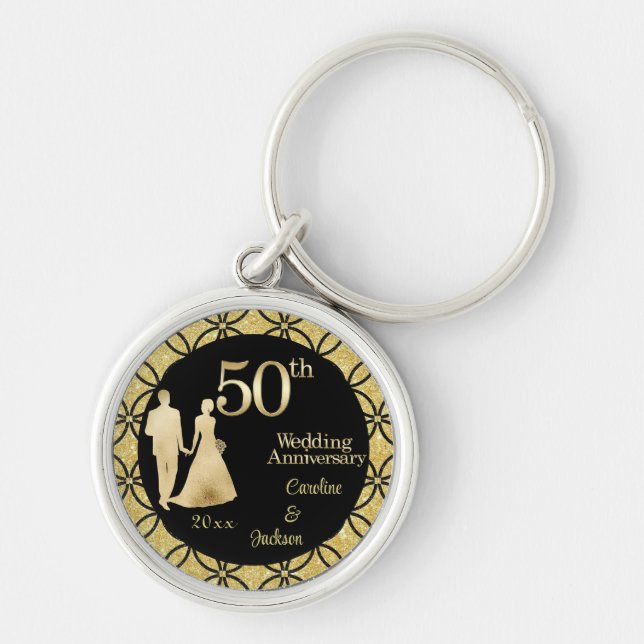 50th Gold Couple Wedding Anniversary Glitter Keychain (Front)