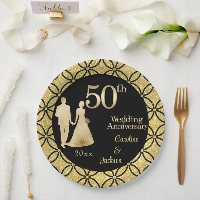 50th Gold Couple Wedding Anniversary Glitter Paper Plates (Wedding)