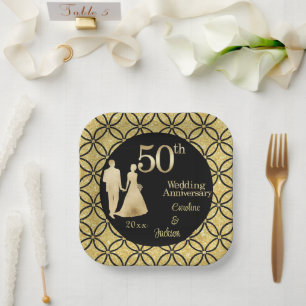 50th Gold Couple Wedding Anniversary Glitter Paper Plates