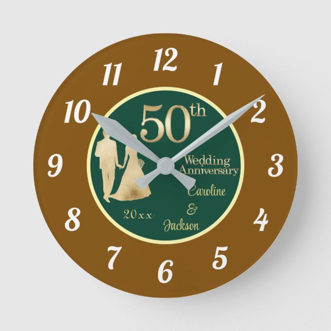 50th Gold Couple Wedding Anniversary Glitter Round Clock (Front)