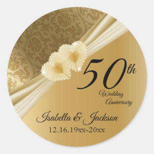 50th Gold Damask Wedding Anniversary Classic Round Sticker