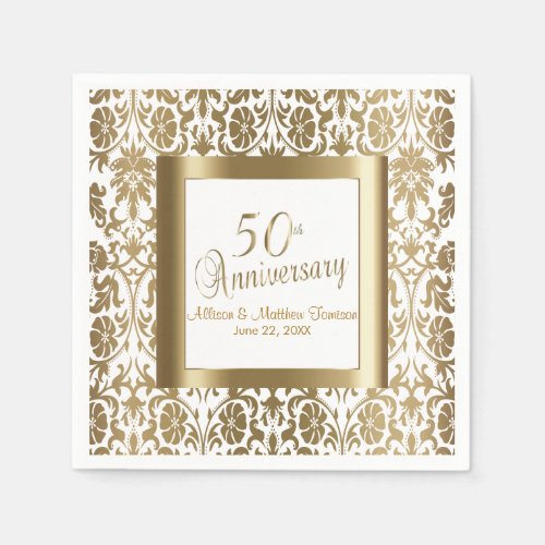 50th Gold Floral Damask and White Napkins