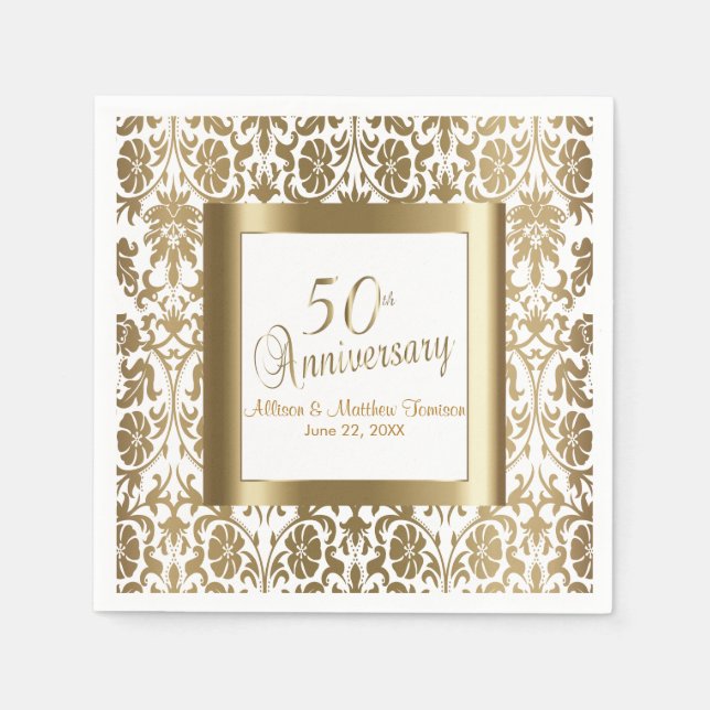 50th Gold Floral Damask and White Napkins (Front)