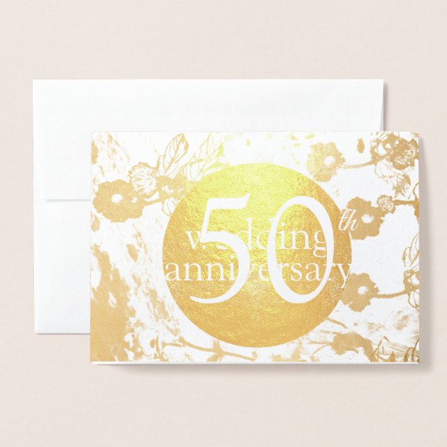 50th Gold Foil Wedding Floral Blank Card (Front With Envelope)