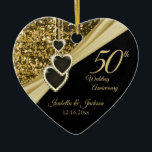 50th Gold Glitter Anniversary Ceramic Ornament<br><div class="desc">🥇AN ORIGINAL COPYRIGHT ART DESIGN by Donna Siegrist ONLY AVAILABLE ON ZAZZLE! 50th Anniversary Ornament Keepsake. Featured in a dark gold faux glitter pattern and black background with a diamond hearts hanging chain design. This beautiful Anniversary ornament will be a hit with that special couple. It would also work well...</div>