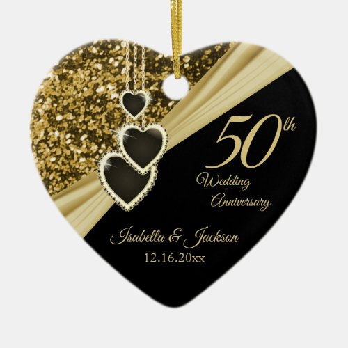 50th Gold Glitter Anniversary Ceramic Ornament