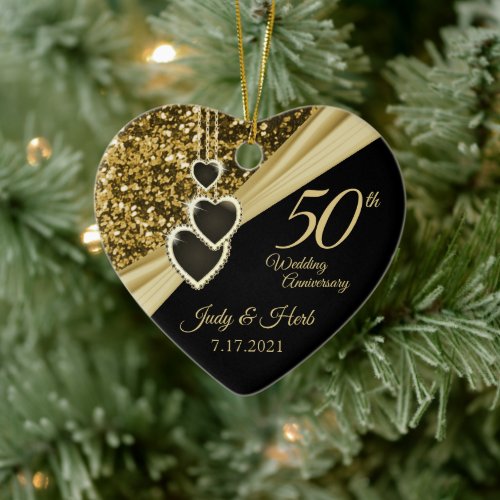 50th Gold Glitter Anniversary _ Custom Ceramic Ornament