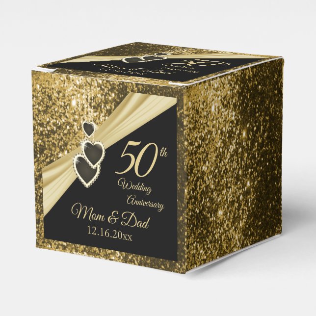 50th Gold Glitter Anniversary Favor Boxes (Front Side)