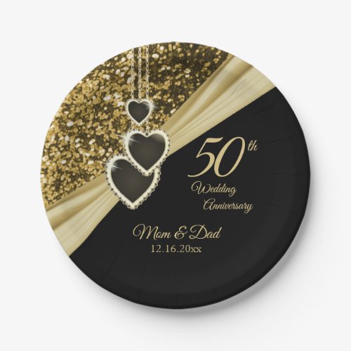 50th Gold Glitter Anniversary Paper Plates