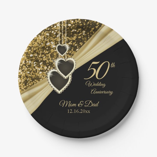 50th Gold Glitter Anniversary Paper Plates (Front)