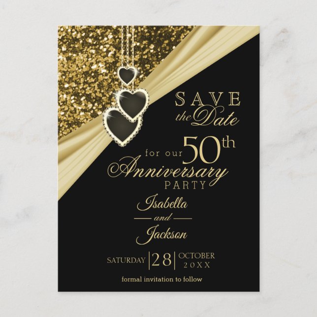50th Gold Glitter Anniversary - Save the Date Announcement Postcard (Front)
