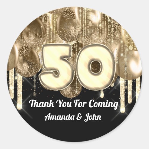 50th GOLD GLITTER BALLONS Thank you for coming Classic Round Sticker