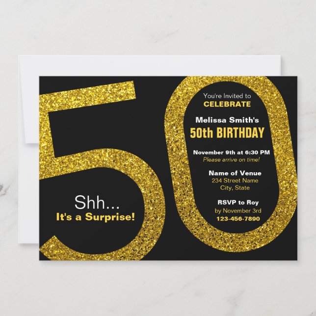 50th Gold Glitter Birthday Invitation (Front)