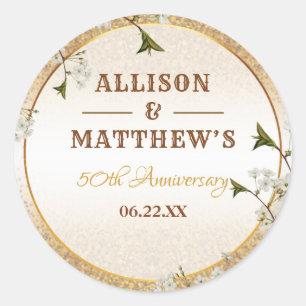 50th Gold Glitter Frame Floral Wedding Anniversary Classic Round Sticker