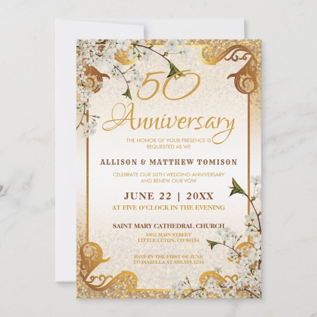 50th Gold Glitter Frame Floral Wedding Anniversary Invitation (Front)
