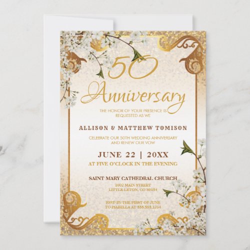 50th Gold Glitter Frame Floral Wedding Anniversary Invitation